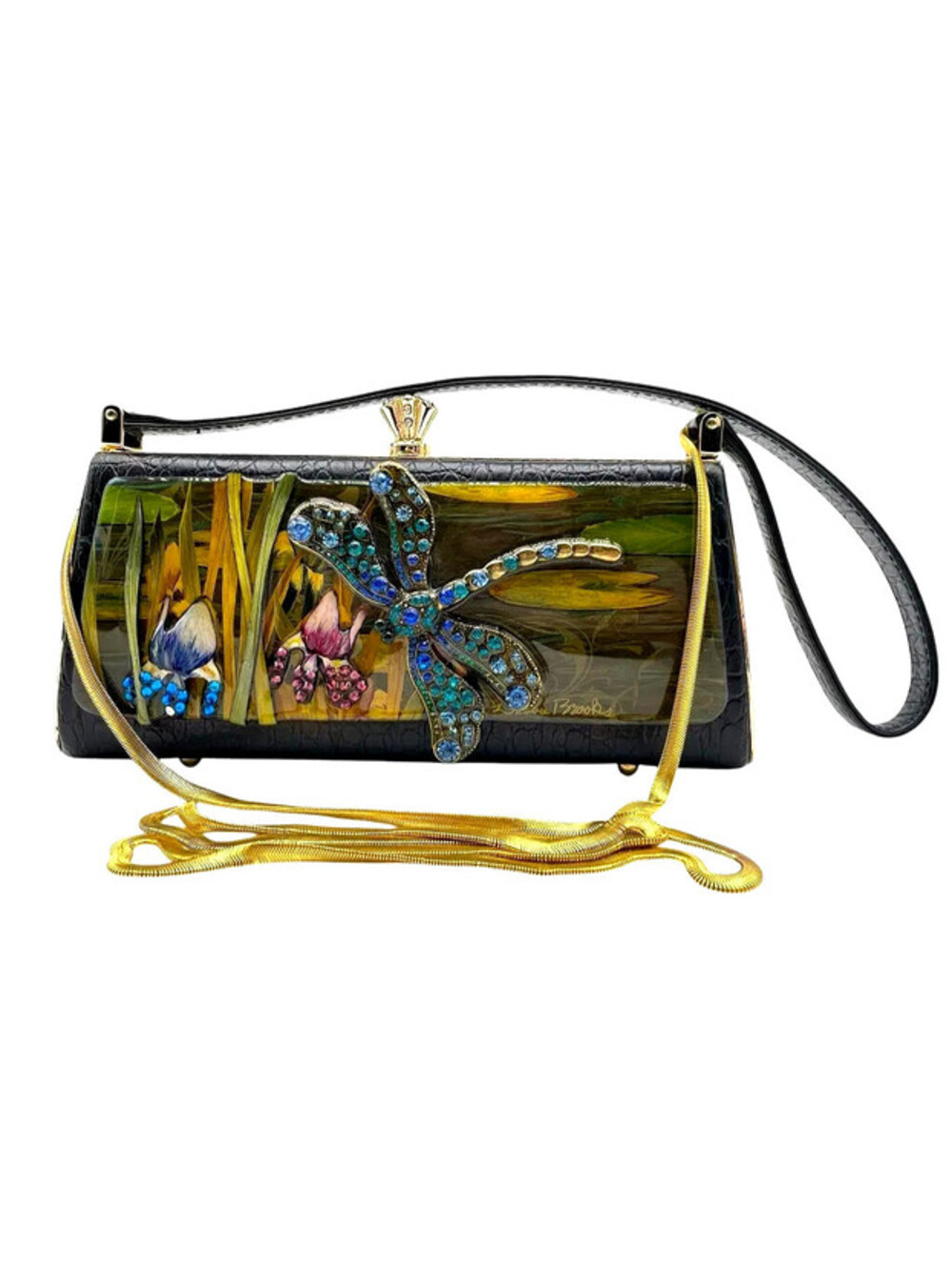 Debbie Brooks New York Black Leather Dragonfly Embellished Shoulder Bag